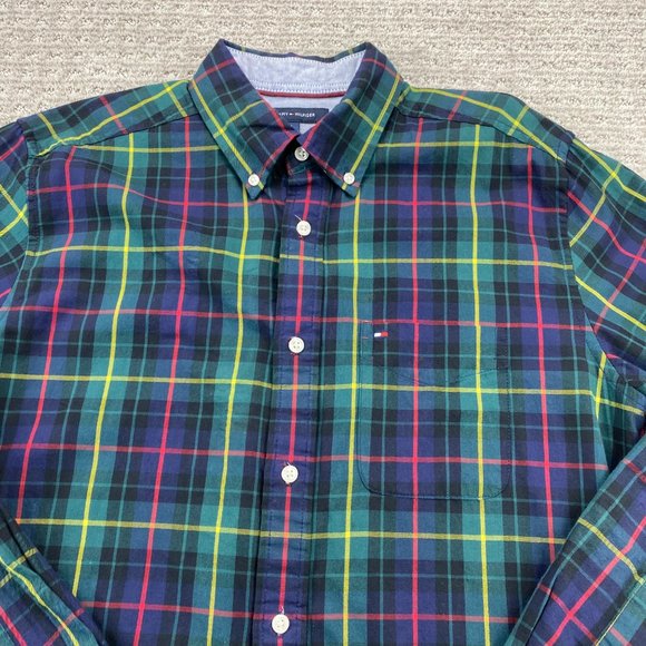 Tommy Hilfiger Shirt Men Medium Green Multicolor Plaid Button Down Long Sleeve - Picture 2 of 10